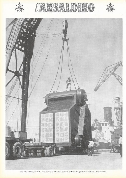 p. 16 (quarta di copertina), una delle sette caldaie costruite allo stabilimento Meccanico di Sampierdarena per la turbocisterna "Fina Canadà"